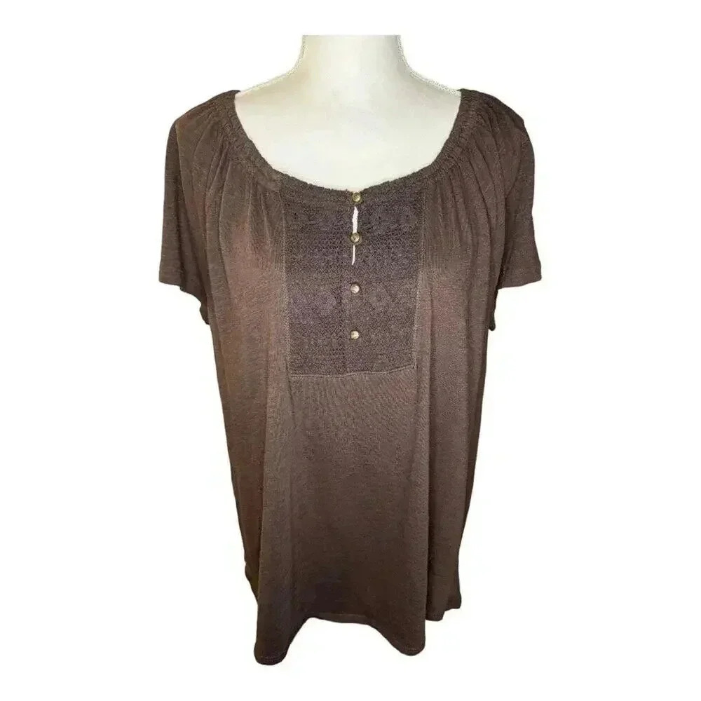 Preswick & Moore Petite XL Brown Button & Lace‎ Detailed Top